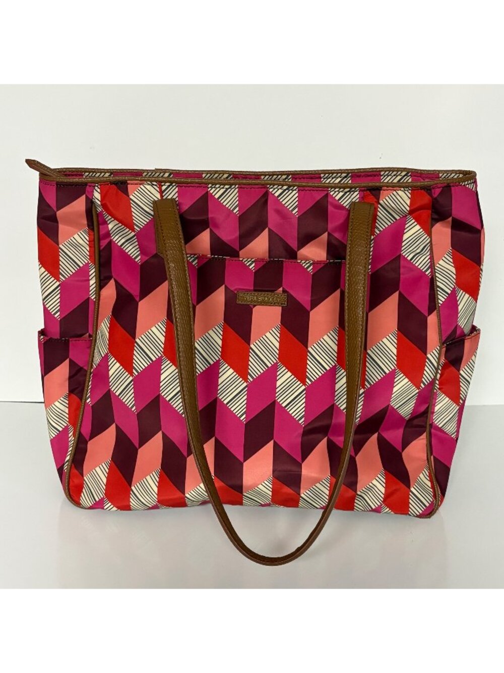 Vera Bradley Large Geometric Print Tote Bag Faux Leather Handles Zipper Closure